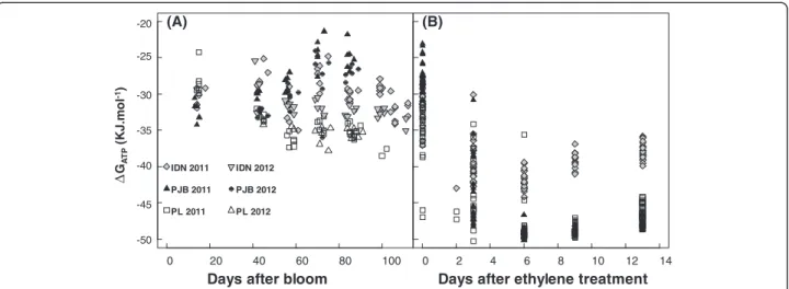 Figure 2 Variations in Δ G ATP during fruit development for cultivars IDN, PJB, and PL