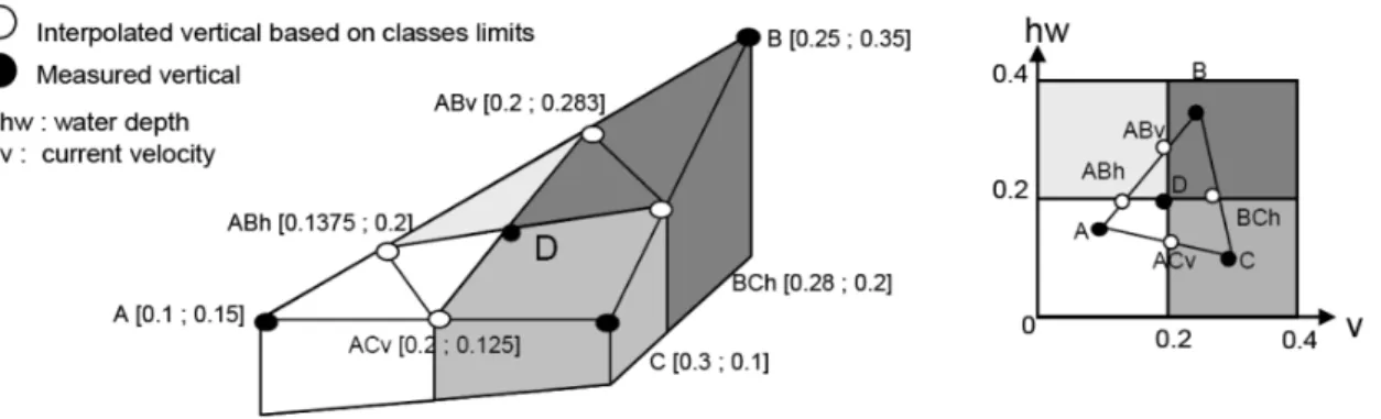 Fig. 2.2 - Exemple de découpe d’un élément du TIN en hydroéléments (extrait de [Le Co- Co-arer, 2005]).