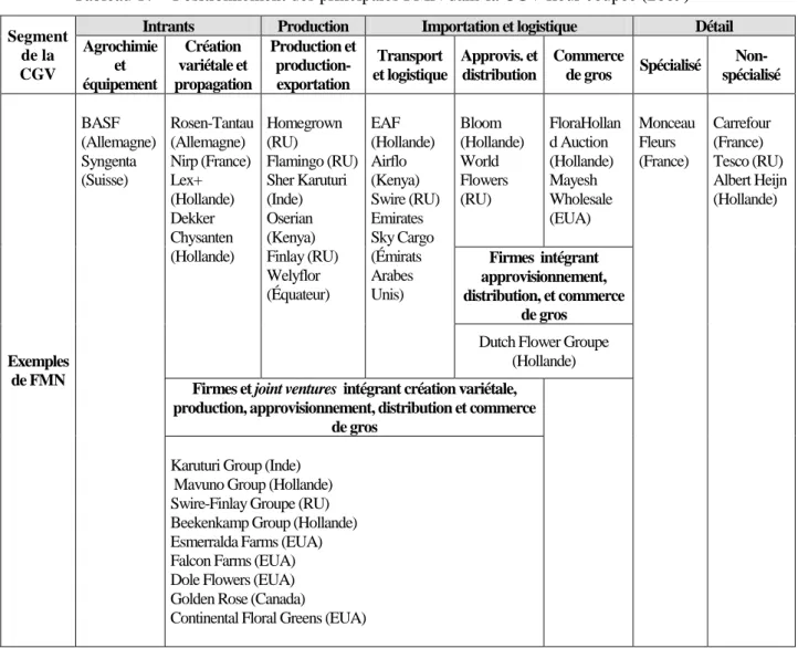 Tableau 17 – Positionnement des principales FMN dans la CGV fleur coupée (2009)  Segment 