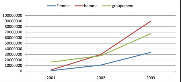 Figure 6. Evolution de l’épargne mobilisée en FCFA selon le profil des épargnants de 2001 à  2003  0100000002000000030000000400000005000000060000000700000008000000090000000100000000 2001 2002 2003