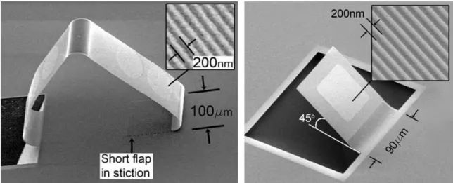 Figure 1-2: Scanning electron micrograph of nano-patterned and folded cantilevers using designed chromium / silicon nitride stress mismatch bilayers.[1]