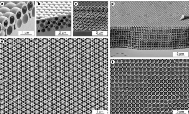 Figure 1-6: From [5] : Electron micrographs of sections of different 3D photonic crystal structures made by colloidal particles self-assembly.