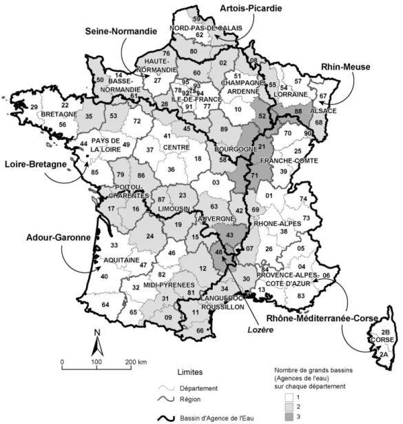 Figure  4.  6  water  agencies  (Agences  de  l’eau)  were  created  in  1964  according  to  hydrographical  limits  which do not fit with administrative levels