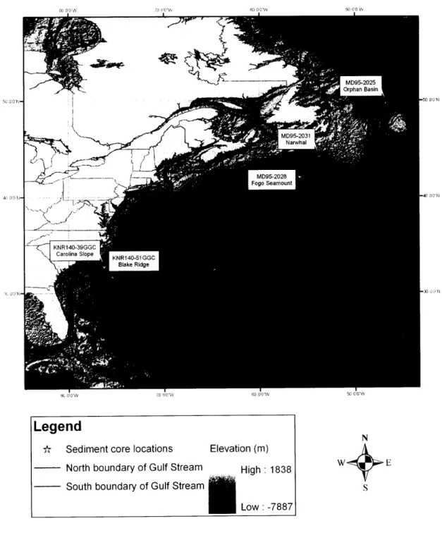 Figure  4-1:  Map  of the  northwest  Atlantic  highlighting  sediment  core  locations
