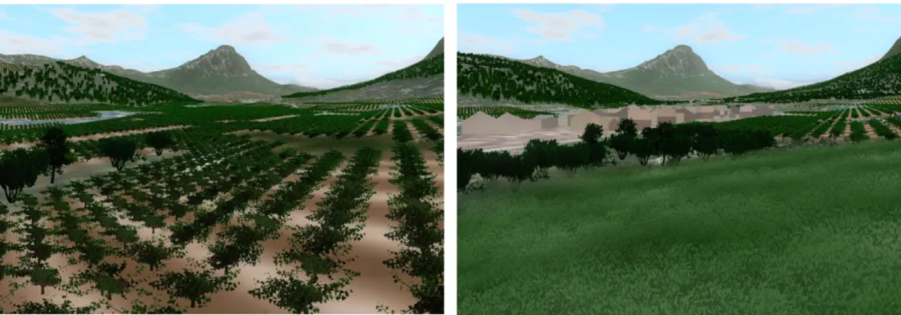 Figure 1 shows an example of land-use change according to two scenarios: biodiversity with  agriculture (left) and peri-urban pressure with environmental concern (right)