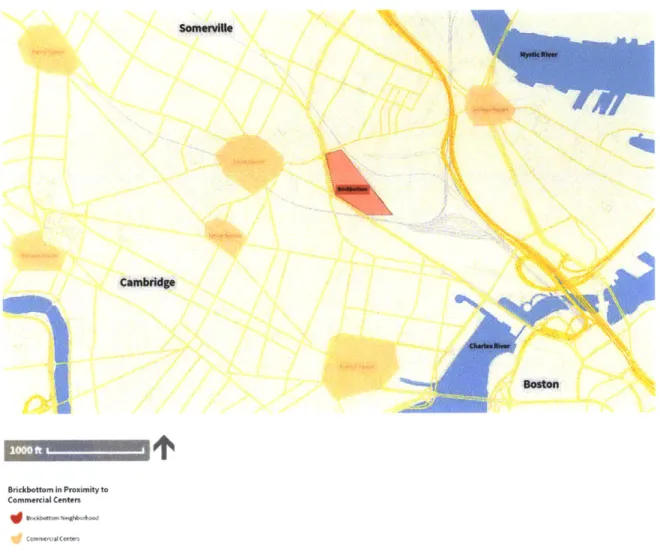 Figure  11  Brickbottom  is Within 1  Mile  from  Downtown  Boston  and  Close  to  Many  Other Places  in  Somerville