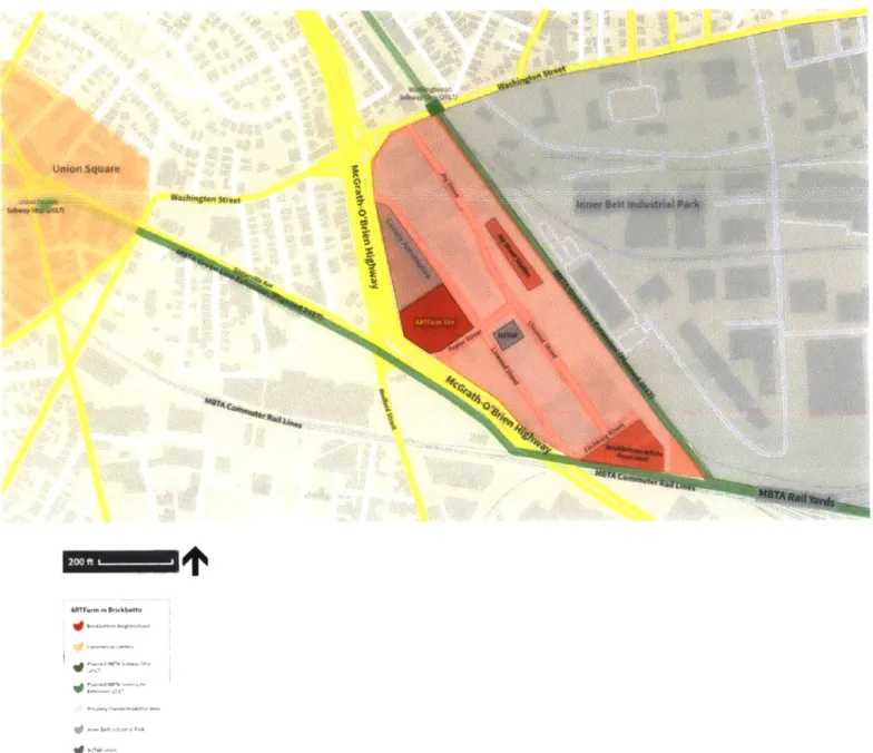 Figure  14 The  ARTFarm  Site Touches the  Edge of the McGrath-O'Brien  Highway  and  the Planned  (2017)  MBTA  Green  Line Extension that Divides  Brickbottom  from  the  Inner Belt Industrial  Park and  Forks  in Two  Directions  at the Brickbottom  Art
