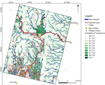Figure  2  shows  the  irrigated  rice  probability  map  in  the  study  area. For each crop, the same map of probability of presence can  be computed based on STrules as defined during step 3.3.1