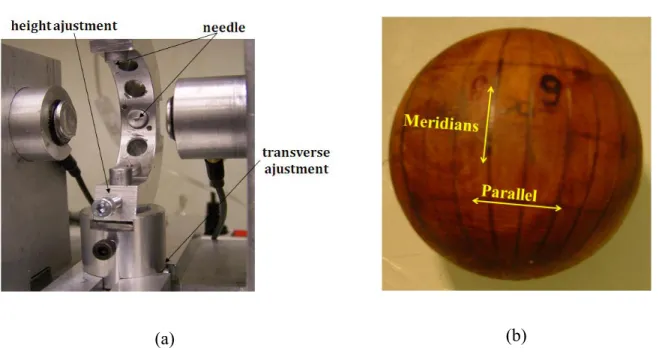 Figure 3: Experimental setup. a) Tool for direction pinpointing equipped with 2 perpendicular  needles