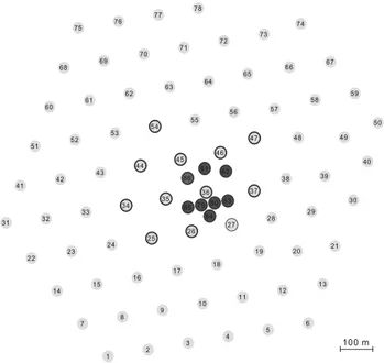 Fig. 1 Schematic overview of the IceCube string layout seen from above. Gray-filled markers indicate IceCube strings and black markers indicate the DeepCore strings with denser DOM spacing