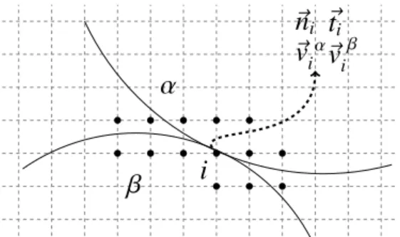 Fig. 1. Geometry of a contact between two soft particles discretised in multi-mesh MPM algorithm