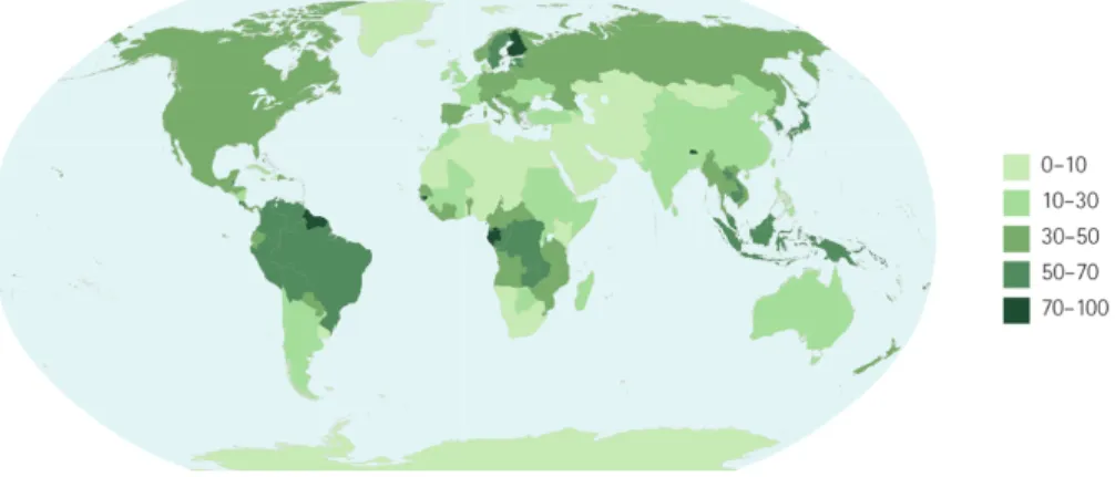 Figure 1 – Superficie forestière par pays en pourcentage de la superficie totale des terres, 2010.