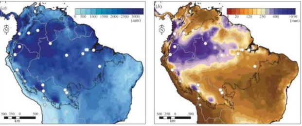 Figure 17: Annual precipitations and precipitations during the driest three months in the Amazonian basin, in  mm
