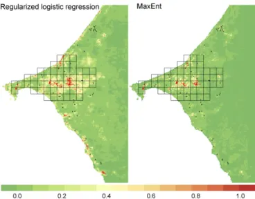 Fig. 3. Predictions of the regularized logistic regression and Maxent models.