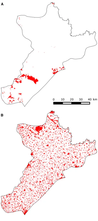 Fig. 4 Binary mapping of the regional distribution of host trees suitable for the pine processionary moth (Thaumetopoea pityocampa) in the ecoregion of ‘‘Beauce’’ (see Fig