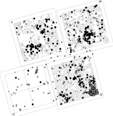 Fig. 4) showed departures from random spatial distribu- distribu-tion at the plot level (for cluster 1, chi-square = 29.5, df = 3, P value = 1.8°10 − 6 ; for cluster 2, X-squared = 63.9, df= 3, P value = 8.5°10 −14 )
