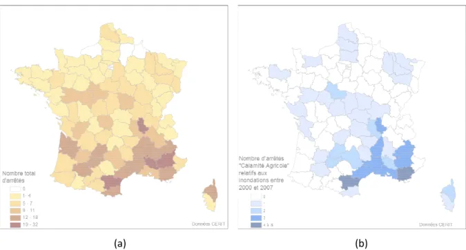 Figure 1 : Répartition départementale du nombre d’arrêtés « Calamité Agricole » recensés entre 2000 et 2007  