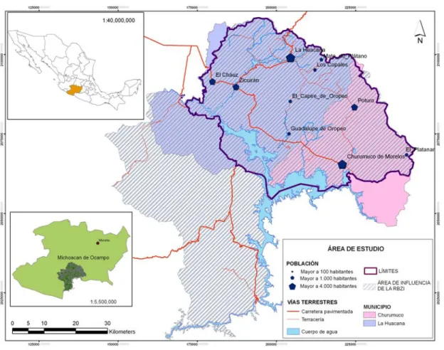 Figura 6. Ubicación del área de estudio en los municipios de La Huacana y Churumuco, Mich