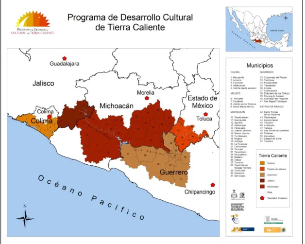 Figura 8. Ubicación de la Región Cultural de Tierra Caliente en México. Fuente: CONACULTA: 