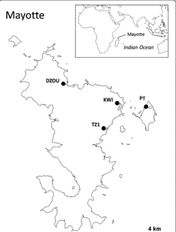 Figure 1 Sampled populations in Mayotte. Sampling was carried out in Dzoumogné for the DZOU colony of An