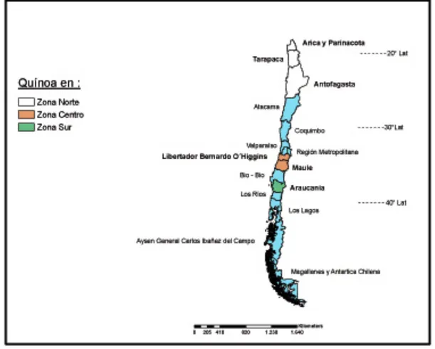 Figura 2: Las tres macro zonas relictas donde se produce la quinua en Chile. Fuente: Proyecto IMAS  (ANR), 2009 (http://imas.agropolis.fr/  y http://www.quinua-chile.cl )