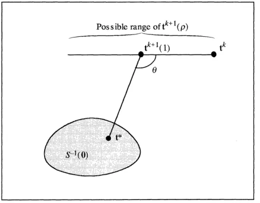 Figure  2.  Illustration  of  the  use  of the  relaxation  parameters  Pk.  Here,  tk+l(l)  = (I + S)-l(tk),  and  t* is  an  arbitrary  member  of  S-1(0)