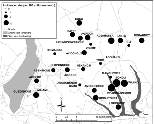 Figure 1. Map showing malaria incidence in children of under 5 years of age in 28 villages in Southern Benin during the dry season.