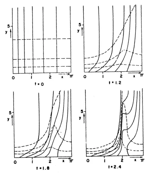 Figure  1.1:  The  deformation  in  time  of  an  initially  rectangular  mesh  marking  the  loca- loca-tion  of the  fluid  particles