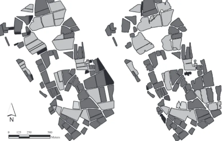 Fig. 5. Comparison of manual (left) and automatic (right) segmentation. In black: non detected plots (left) and false detection (right); in dark grey: good delineation; in light grey: good detection but uncorrect delineation.