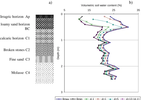 Fig.  1.  Typical  soil  profile  of  Wurm  Crau  (a)  and  dynamic  of  Volumetric  Soil  Water  Content  (%)  along  the  soil  profile  between  2  irrigation  events  (b)  –  Field  A