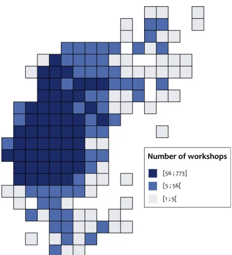 Figure 2. General optimised grid with the number of workshops in  each square, according to three quantities of one third of the total  number of enterprises each