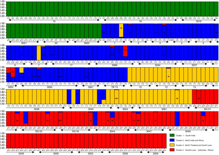 Fig. 3 Estimated population structure of 331 individuals from 17 provenances from the natural range and 22 African and Indonesian provenances of Tectona grandis