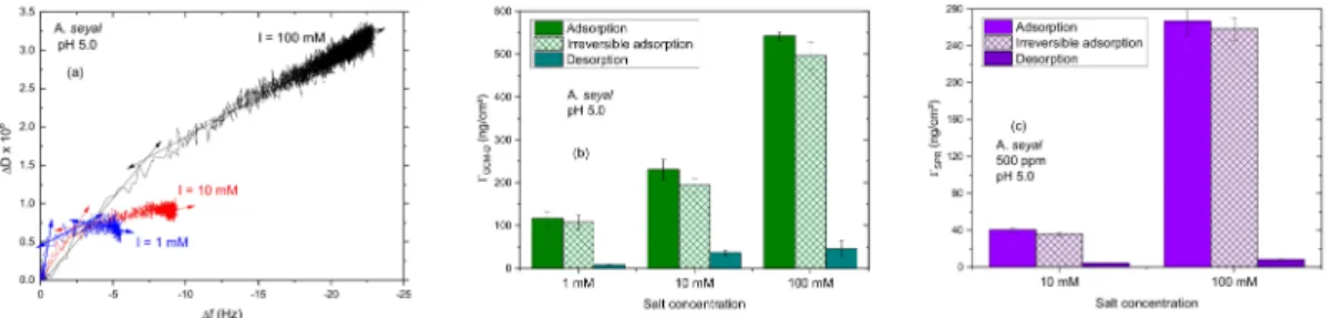Figure 7. Adsorption of A. seyal gum at 500 ppm on gold at pH 5.0 as a function of the salt concentration: