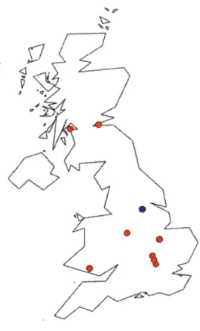 Figure  1:  Map  of the  UK with  10  Amazon  Fulfillment  Centers (Blue  location  contains  2  fulfillment centers)