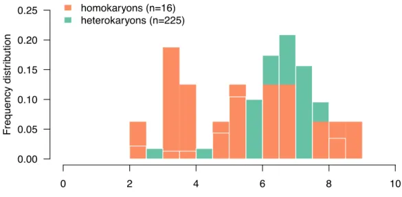 Figure 3 Distribution of mycelium growth rate for homokaryon and  heterokaryon isolates
