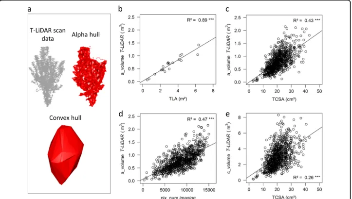 Fig. 1 Representation of T-LiDAR variables, and comparisons with imaging data and direct plant measurements