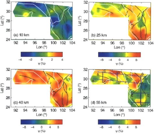 Figure  2B-3.  The  variations  of the  radial  anisotropy  variations  at  (a)  10  km;  (b)  25 km;  (c)  40  km;  and  (d)  55  km