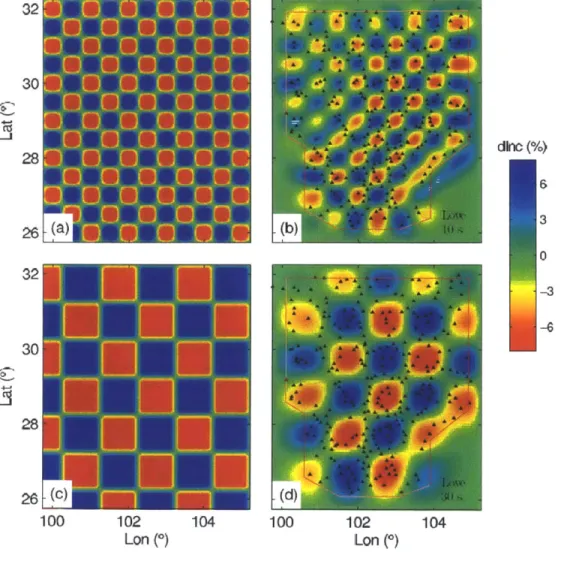 Figure  3-5.  Checkerboard  test  results:  (a)  0.5*x0.5*  checkerboard  model;  (b) recovered  model  using  10  s  Love  wave  data;  (c)  1.0*x1.*O  checkerboard  model;  and (d)  recovered  model  using  30  s  Love  wave  data