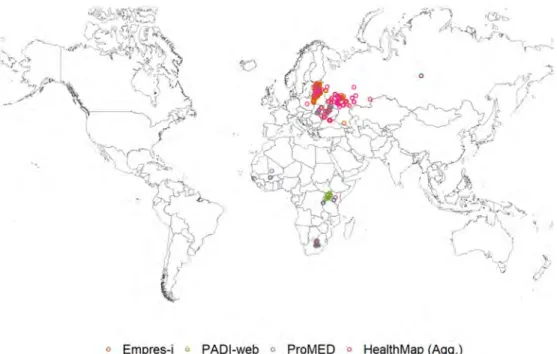 Fig 3. African swine fever (ASF) outbreaks reported in Empres-i and relevant ASF signals detected by PADI-web, ProMED and HealthMap (Agg.) from January to June 2016.