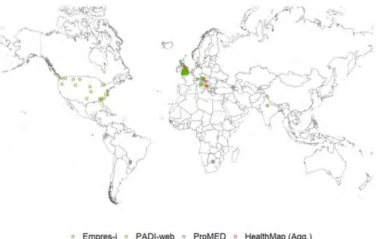 Fig 5. Bluetongue (BTV) outbreaks reported in Empres-i and BTV relevant signals detected by PADI-web, ProMED and HealthMap (Agg.) from January to June 2016.