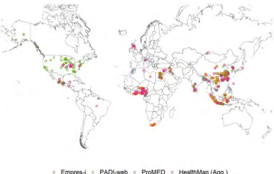 Fig 6. Avian influenza (AI) outbreaks reported in Empres-i and AI relevant signals detected by PADI-web, ProMED and HealthMap (Agg.) from January to June 2016.