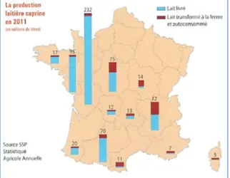 Figure 2. La production laitière et fermière caprine en France en 2011 (Idèle 2012).