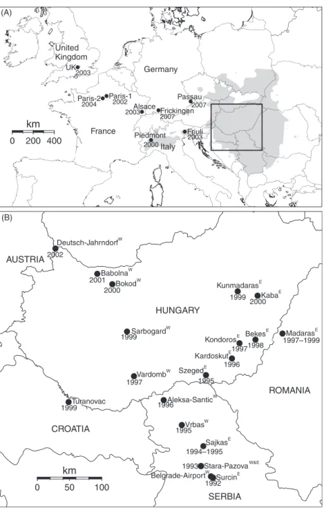 Figure 1 Location of sampling sites and geographic distribution of the western corn rootworm (WCR) in 2007, together with year of first obser- obser-vation: (A) In Europe; distribution area, shown in gray, is defined as areas in which WCR has been observed