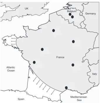 Fig. 1 Geographical origins of the Harmonia axyridis samples collected along two transects in Western Europe