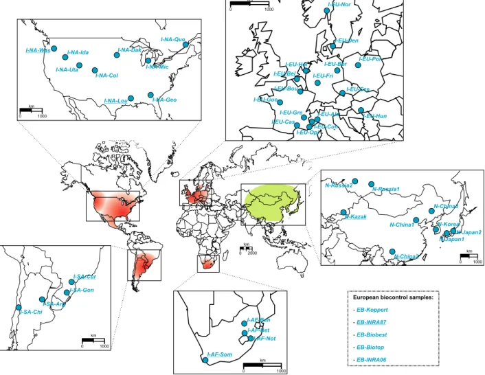 Fig. 1 Geographic locations of the genotyped site samples of Harmonia axyridis.