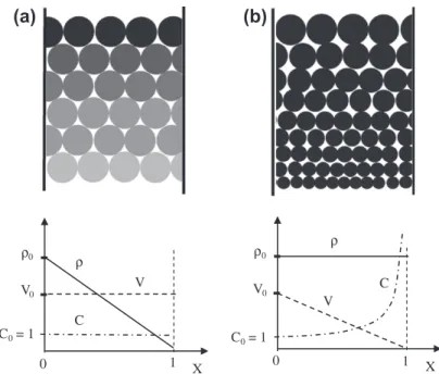 Fig. 8. Evolution during conversion of density and velocity of a char bed of monodisperse particles in two ideal situations for particle reaction: (a) uniform conversion and (b) surface conversion.