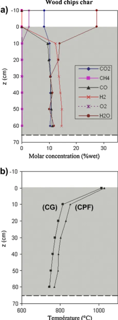 Fig. 6. Average molar concentrations of gas species (a) and average temperature (b) along the bed for WCC and WPC.