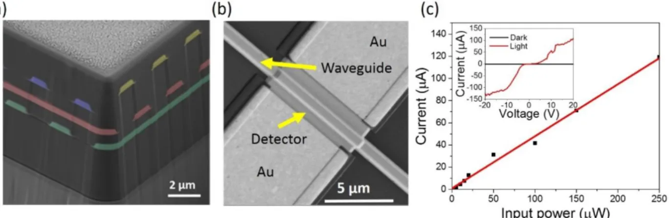 Figure 1. (a) Tilted focused ion beam scanning electron microscopy view of a multi-layer woodpile  photonic crystal (before delamination from the silicon handler substrate) where the colors indicate  different  layers  (image  courtesy  of  [2])