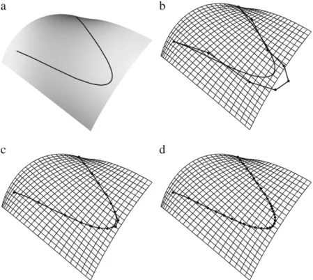 Fig. 14. Exact and approximate images of a quadratic B´ezier curve on a biquadratic B´ezier surface: (a) the exact curve; (b) the exact curve and its control polygon;