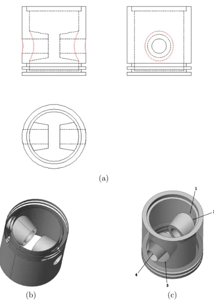 Fig. 9. Piston: (a) three orthographic views, (b) hybrid wire-frame, (c) reconstructed B-rep model.